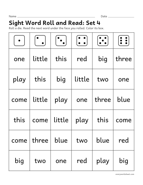 Preview of the printable “Sight word roll and Read: set 4” worksheet: reading sight words 31-40 in a dice game