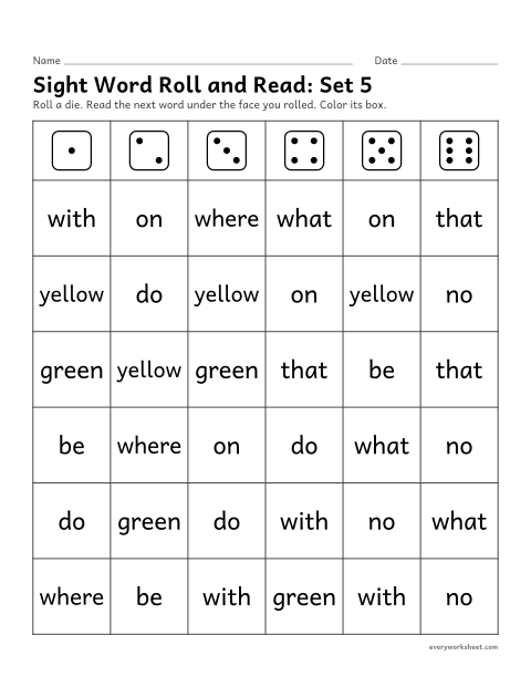 Preview of the printable “Sight word roll and Read: set 5” worksheet: reading sight words 41-50 in a dice game