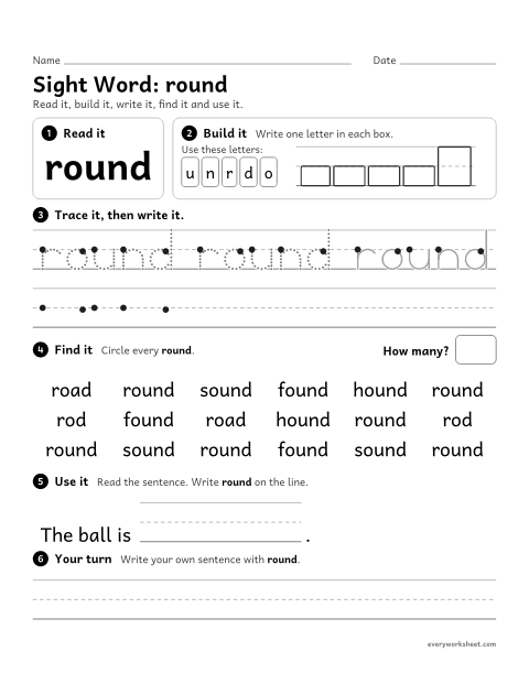 Preview of the printable “1st grade sight Word: round” worksheet: reading, building, writing and finding the sight word "round"