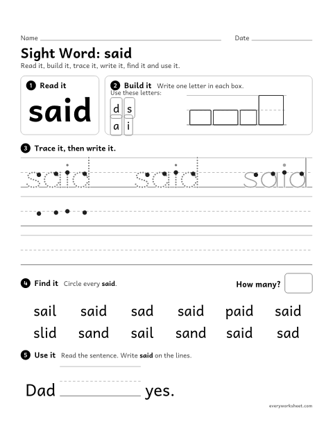 Preview of the printable “Sight Word: said” worksheet: reading and writing the sight word "said"