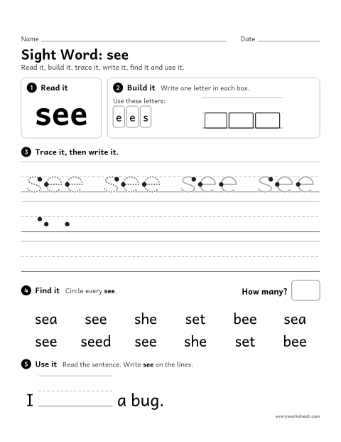Preview of the printable “Sight Word: see” worksheet: reading and writing the sight word "see"