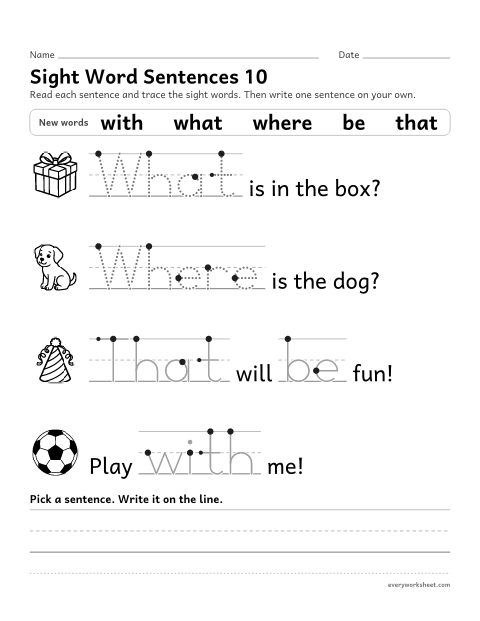 Preview of the printable “Sight word sentences 10: with, what, where, be, that” worksheet: reading sentences with the sight words with, what, where, be, that and tracing them