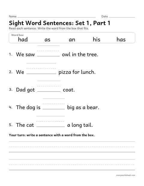 Preview of the printable “Sight word Sentences: set 1, part 1” worksheet: choosing the sight word that fits a sentence (an, as, had, has, his)