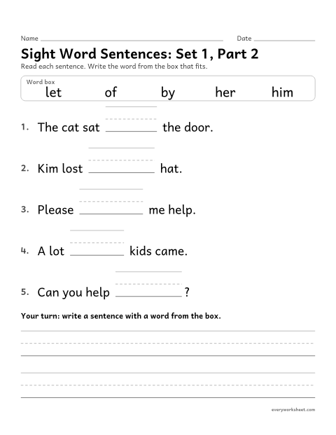 Preview of the printable “Sight word Sentences: set 1, part 2” worksheet: choosing the sight word that fits a sentence (him, her, by, of, let)