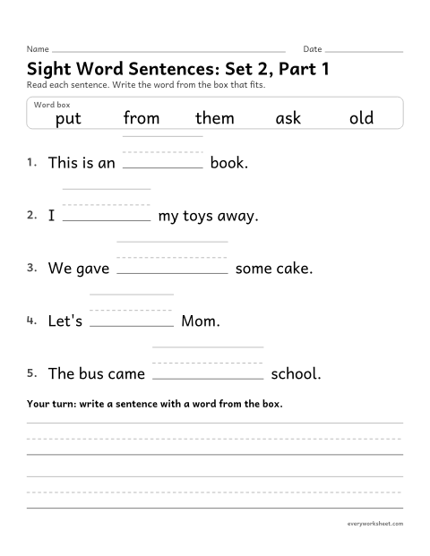 Preview of the printable “Sight word Sentences: set 2, part 1” worksheet: choosing the sight word that fits a sentence (old, put, ask, from, them)