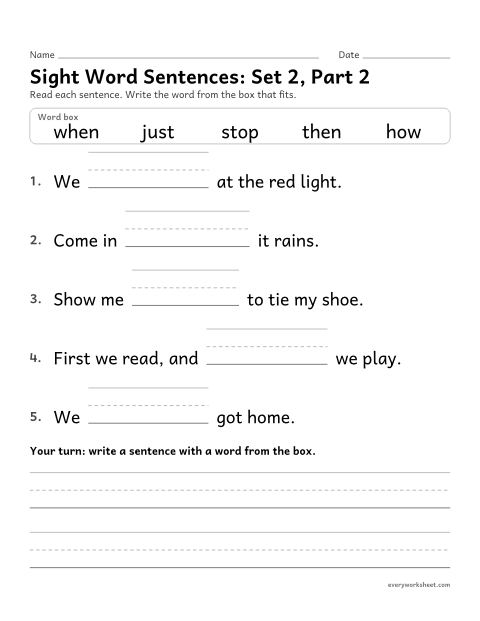 Preview of the printable “Sight word Sentences: set 2, part 2” worksheet: choosing the sight word that fits a sentence (then, when, how, just, stop)