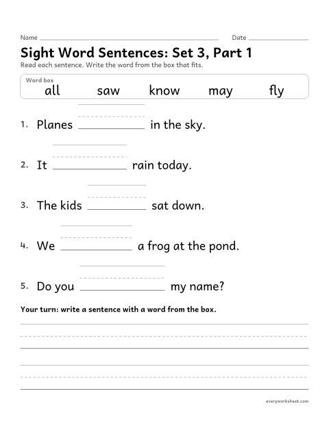 Preview of the printable “Sight word Sentences: set 3, part 1” worksheet: choosing the sight word that fits a sentence (fly, may, know, saw, all)