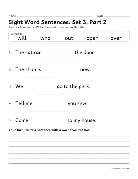 Preview of the printable “Sight word Sentences: set 3, part 2” worksheet: choosing the sight word that fits a sentence (out, who, will, open, over)