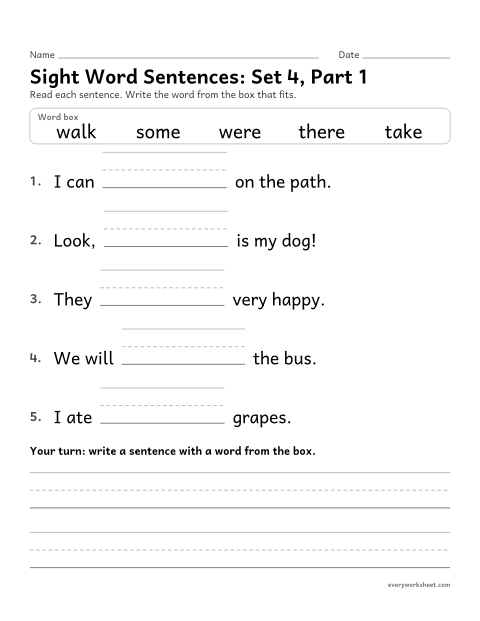 Preview of the printable “Sight word Sentences: set 4, part 1” worksheet: choosing the sight word that fits a sentence (some, take, walk, were, there)