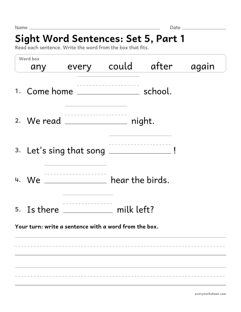Preview of the printable “Sight word Sentences: set 5, part 1” worksheet: choosing the sight word that fits a sentence (after, again, any, could, every)