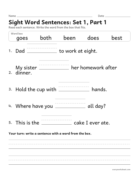 Preview of the printable “2nd grade sight word Sentences: set 1, part 1” worksheet: choosing the sight word that fits a sentence (been, best, both, does, goes)