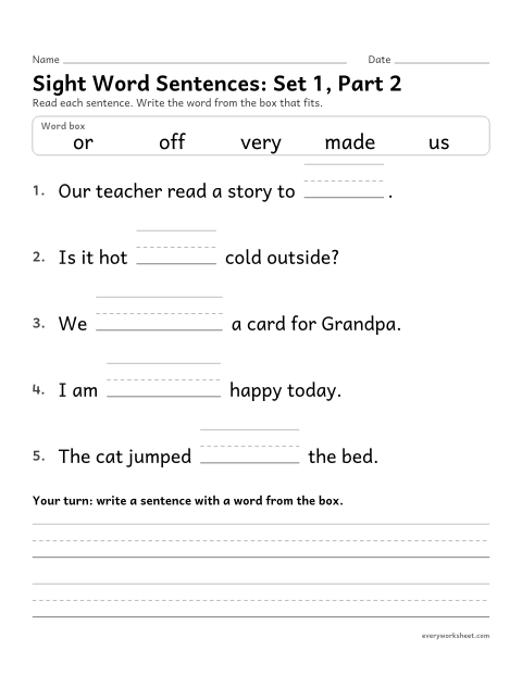 Preview of the printable “2nd grade sight word Sentences: set 1, part 2” worksheet: choosing the sight word that fits a sentence (made, off, or, us, very)