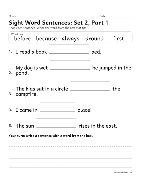 Preview of the printable “2nd grade sight word Sentences: set 2, part 1” worksheet: choosing the sight word that fits a sentence (always, around, because, before, first)