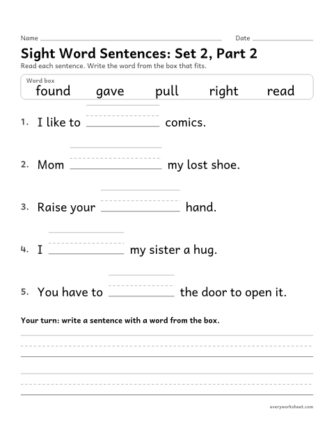 Preview of the printable “2nd grade sight word Sentences: set 2, part 2” worksheet: choosing the sight word that fits a sentence (found, gave, pull, read, right)