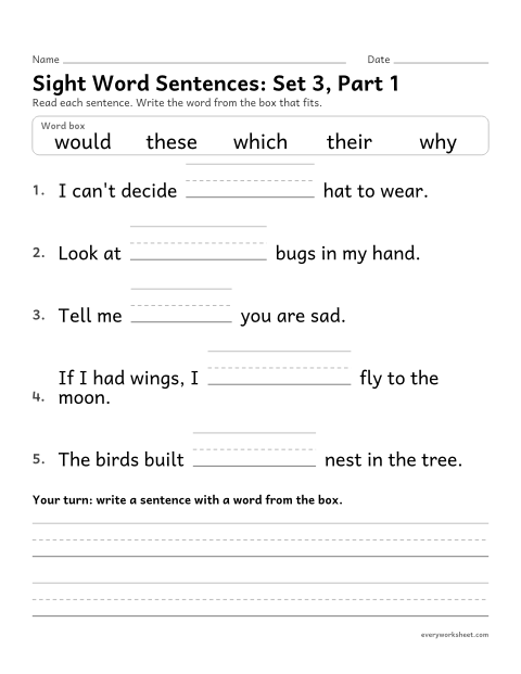 Preview of the printable “2nd grade sight word Sentences: set 3, part 1” worksheet: choosing the sight word that fits a sentence (their, these, which, why, would)