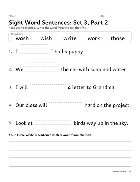 Preview of the printable “2nd grade sight word Sentences: set 3, part 2” worksheet: choosing the sight word that fits a sentence (those, write, work, wash, wish)