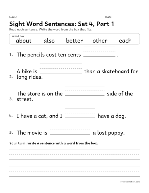 Preview of the printable “2nd grade sight word Sentences: set 4, part 1” worksheet: choosing the sight word that fits a sentence (about, also, better, each, other)