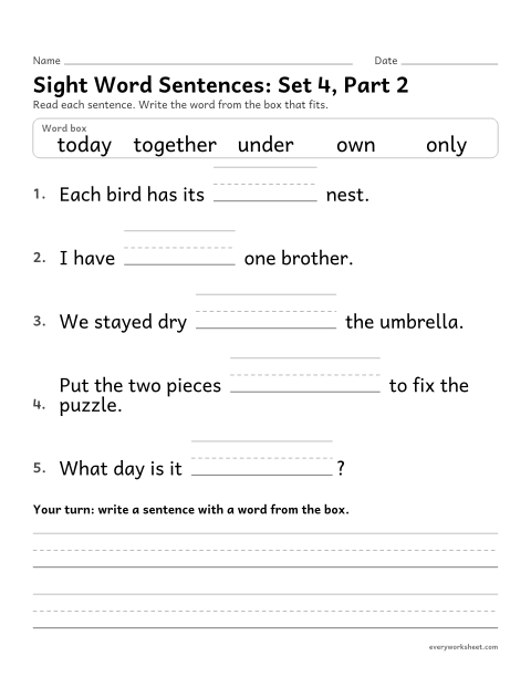 Preview of the printable “2nd grade sight word Sentences: set 4, part 2” worksheet: choosing the sight word that fits a sentence (only, own, today, together, under)