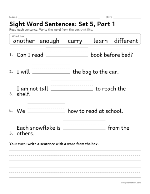 Preview of the printable “2nd grade sight word Sentences: set 5, part 1” worksheet: choosing the sight word that fits a sentence (another, carry, different, enough, learn)