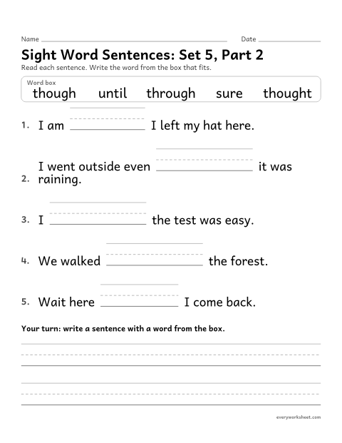 Preview of the printable “2nd grade sight word Sentences: set 5, part 2” worksheet: choosing the sight word that fits a sentence (sure, though, thought, through, until)