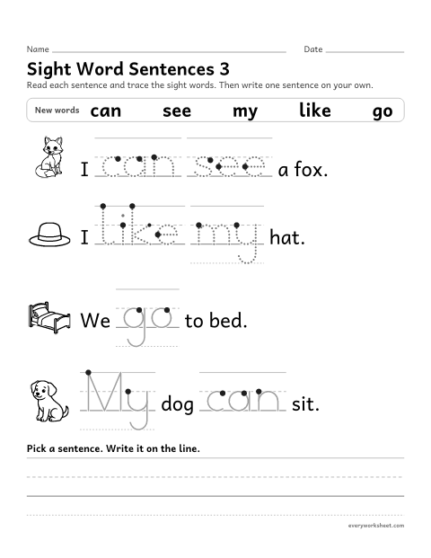 Preview of the printable “Sight word sentences 3: can, see, my, like, go” worksheet: reading sentences with the sight words can, see, my, like, go and tracing them