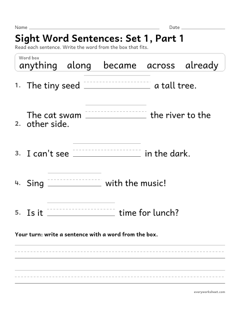 Preview of the printable “3rd grade sight word Sentences: set 1, part 1” worksheet: choosing the sight word that fits a sentence (across, along, already, anything, became)