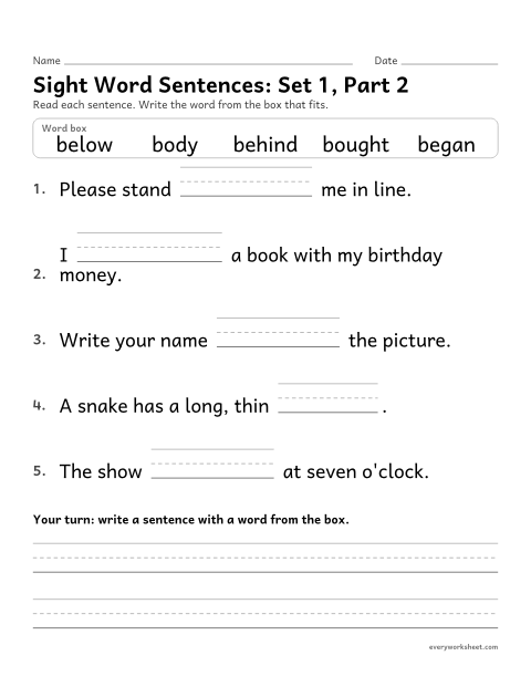 Preview of the printable “3rd grade sight word Sentences: set 1, part 2” worksheet: choosing the sight word that fits a sentence (behind, below, began, body, bought)