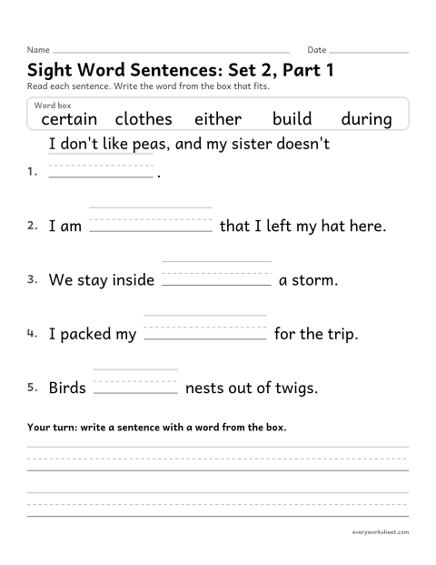 Preview of the printable “3rd grade sight word Sentences: set 2, part 1” worksheet: choosing the sight word that fits a sentence (build, certain, clothes, during, either)