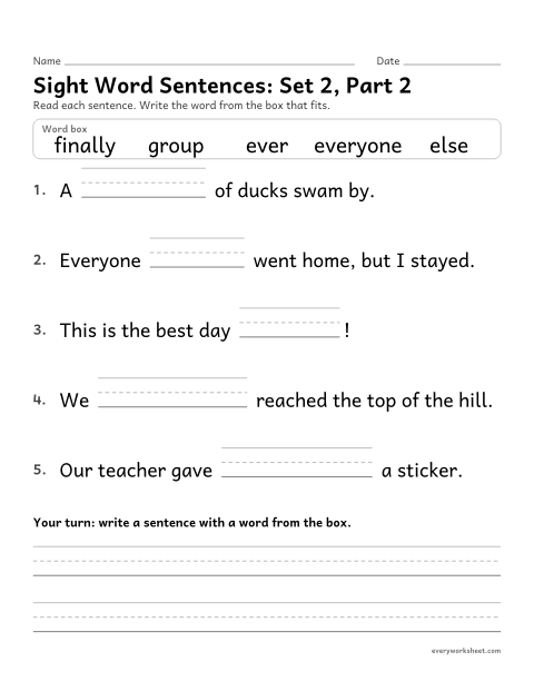 Preview of the printable “3rd grade sight word Sentences: set 2, part 2” worksheet: choosing the sight word that fits a sentence (else, ever, everyone, finally, group)