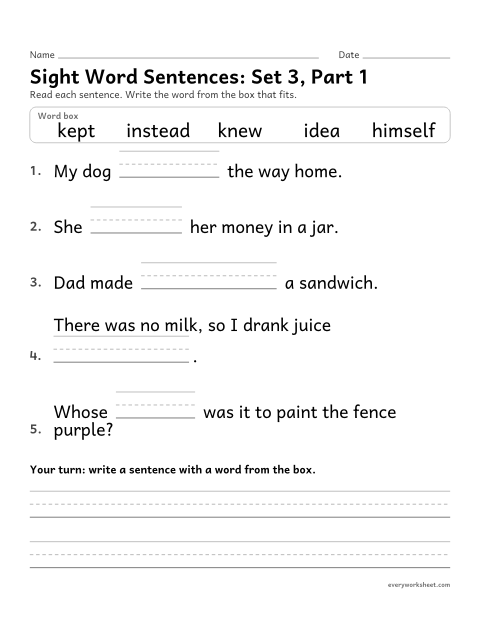 Preview of the printable “3rd grade sight word Sentences: set 3, part 1” worksheet: choosing the sight word that fits a sentence (himself, idea, instead, kept, knew)