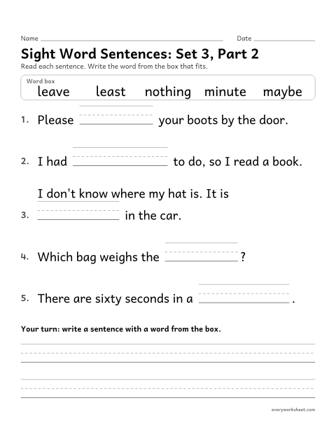 Preview of the printable “3rd grade sight word Sentences: set 3, part 2” worksheet: choosing the sight word that fits a sentence (least, leave, maybe, minute, nothing)