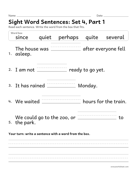 Preview of the printable “3rd grade sight word Sentences: set 4, part 1” worksheet: choosing the sight word that fits a sentence (perhaps, quiet, quite, several, since)