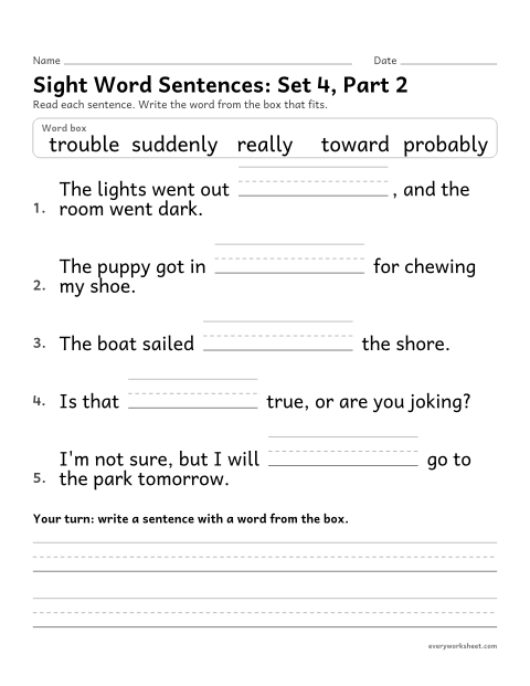 Preview of the printable “3rd grade sight word Sentences: set 4, part 2” worksheet: choosing the sight word that fits a sentence (probably, really, suddenly, toward, trouble)