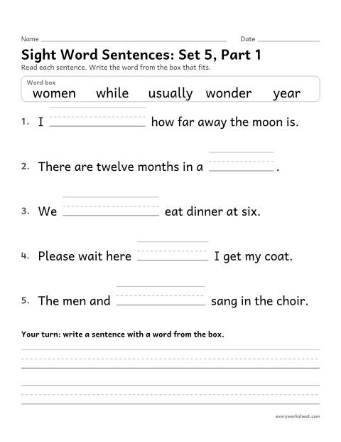 Preview of the printable “3rd grade sight word Sentences: set 5, part 1” worksheet: choosing the sight word that fits a sentence (usually, while, women, wonder, year)