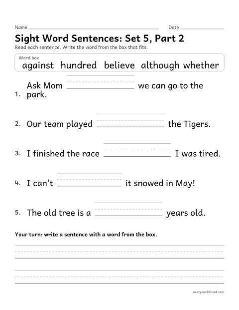 Preview of the printable “3rd grade sight word Sentences: set 5, part 2” worksheet: choosing the sight word that fits a sentence (against, although, believe, hundred, whether)