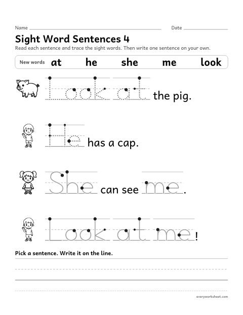 Preview of the printable “Sight word sentences 4: at, he, she, me, look” worksheet: reading sentences with the sight words at, he, she, me, look and tracing them