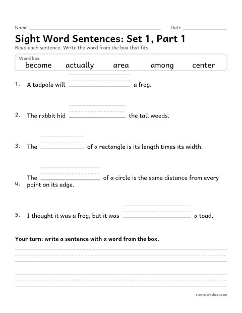Preview of the printable “4th grade sight word Sentences: set 1, part 1” worksheet: choosing the sight word that fits a sentence (among, area, become, actually, center)