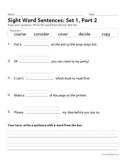 Preview of the printable “4th grade sight word Sentences: set 1, part 2” worksheet: choosing the sight word that fits a sentence (consider, copy, course, cover, decide)