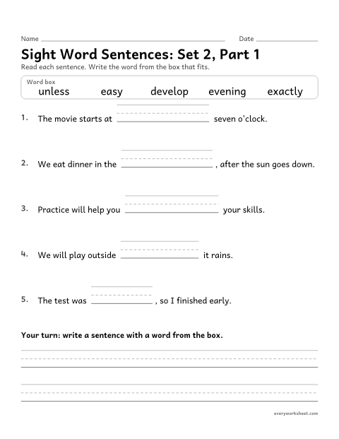 Preview of the printable “4th grade sight word Sentences: set 2, part 1” worksheet: choosing the sight word that fits a sentence (develop, easy, unless, evening, exactly)