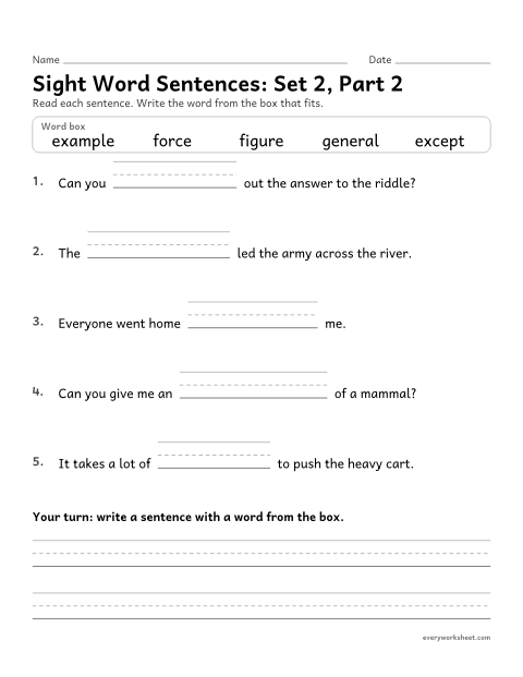 Preview of the printable “4th grade sight word Sentences: set 2, part 2” worksheet: choosing the sight word that fits a sentence (example, except, figure, force, general)