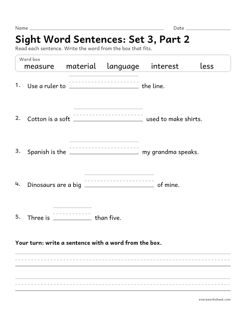 Preview of the printable “4th grade sight word Sentences: set 3, part 2” worksheet: choosing the sight word that fits a sentence (interest, language, less, material, measure)