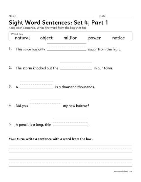 Preview of the printable “4th grade sight word Sentences: set 4, part 1” worksheet: choosing the sight word that fits a sentence (million, natural, notice, object, power)