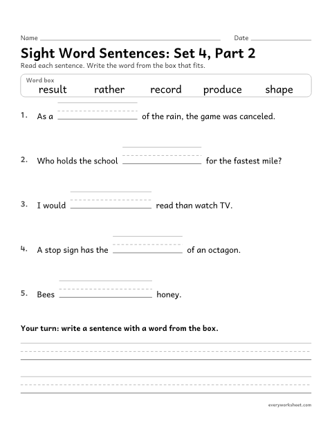 Preview of the printable “4th grade sight word Sentences: set 4, part 2” worksheet: choosing the sight word that fits a sentence (produce, rather, record, result, shape)