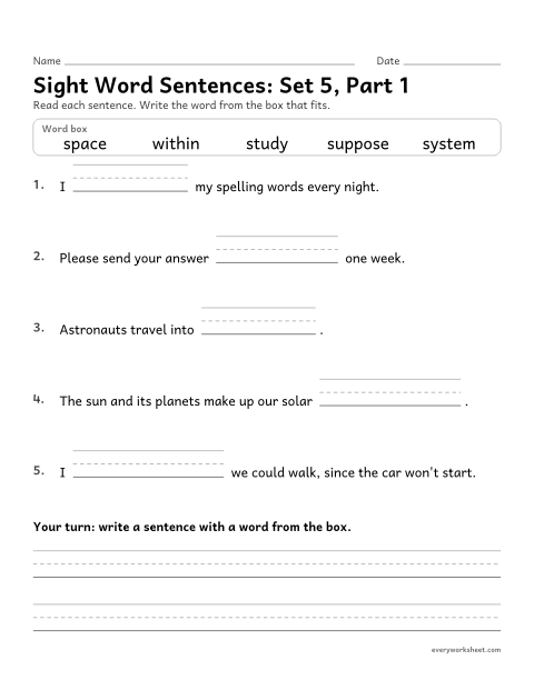 Preview of the printable “4th grade sight word Sentences: set 5, part 1” worksheet: choosing the sight word that fits a sentence (space, study, suppose, system, within)