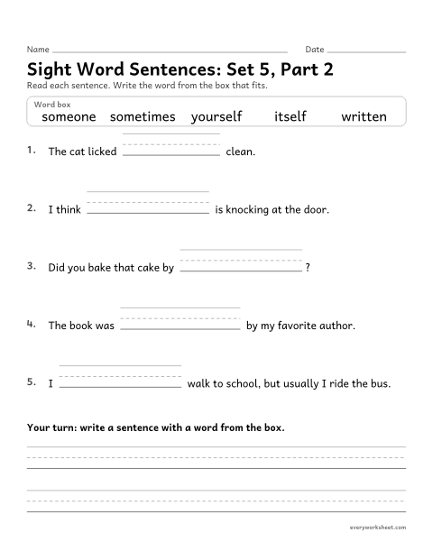 Preview of the printable “4th grade sight word Sentences: set 5, part 2” worksheet: choosing the sight word that fits a sentence (written, yourself, sometimes, someone, itself)
