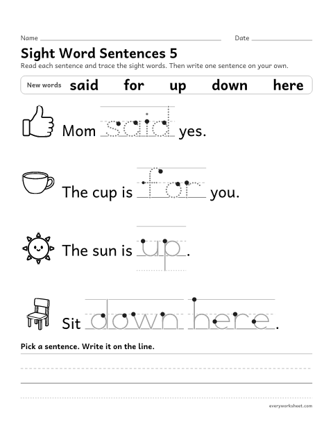 Preview of the printable “Sight word sentences 5: said, for, up, down, here” worksheet: reading sentences with the sight words said, for, up, down, here and tracing them