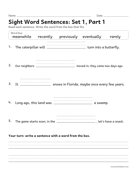 Preview of the printable “5th grade sight word Sentences: set 1, part 1” worksheet: choosing the high-frequency word that fits a sentence (eventually, meanwhile, previously, recently, rarely)