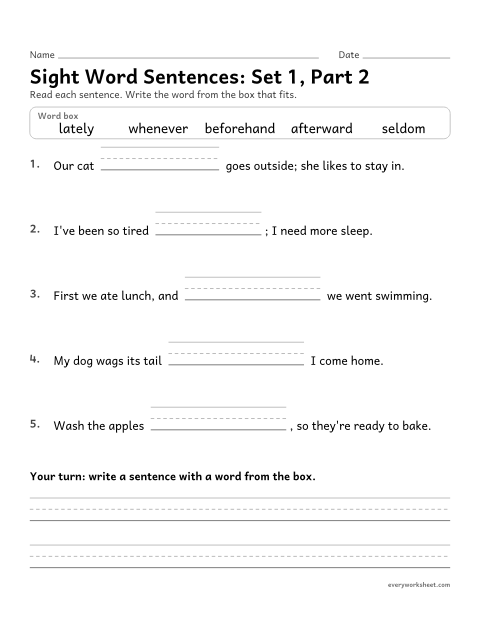 Preview of the printable “5th grade sight word Sentences: set 1, part 2” worksheet: choosing the high-frequency word that fits a sentence (whenever, afterward, beforehand, lately, seldom)