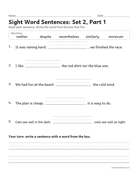 Preview of the printable “5th grade sight word Sentences: set 2, part 1” worksheet: choosing the high-frequency word that fits a sentence (neither, moreover, nevertheless, similarly, despite)