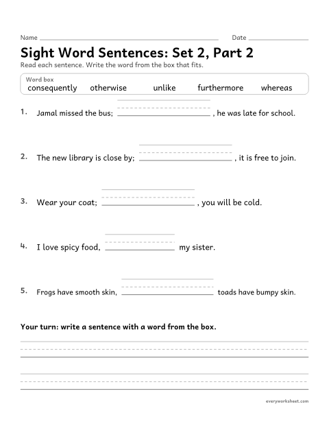 Preview of the printable “5th grade sight word Sentences: set 2, part 2” worksheet: choosing the high-frequency word that fits a sentence (furthermore, otherwise, unlike, whereas, consequently)